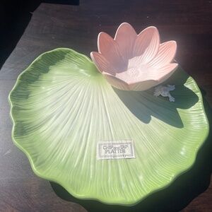Fitz and Floyd Lily Pad Chip and Dip Platter: Lotus Flower Frog, 1982